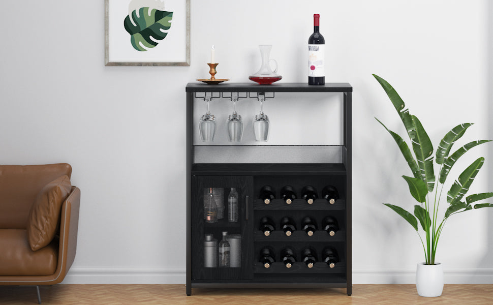 GAOMON Coffee Wine Bar Cabinet with Storage and Detachable Rack, Farmhouse Sideboard and Buffet Cabinet with Glass Holder and Mesh Door, Liquor Coffee Bar Cupboard, Black