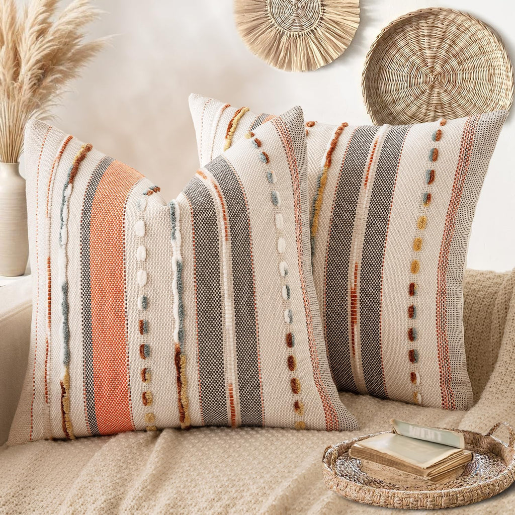 ANRODUO Pack of 2 Boho Decorative Throw Pillow Covers 18x18 Farmhouse Cushion Case Striped Chenille Pillow Cases Square Pillow Covers Accent Neutral Pillowcase for Sofa Couch Bed, Olive Green Stripe