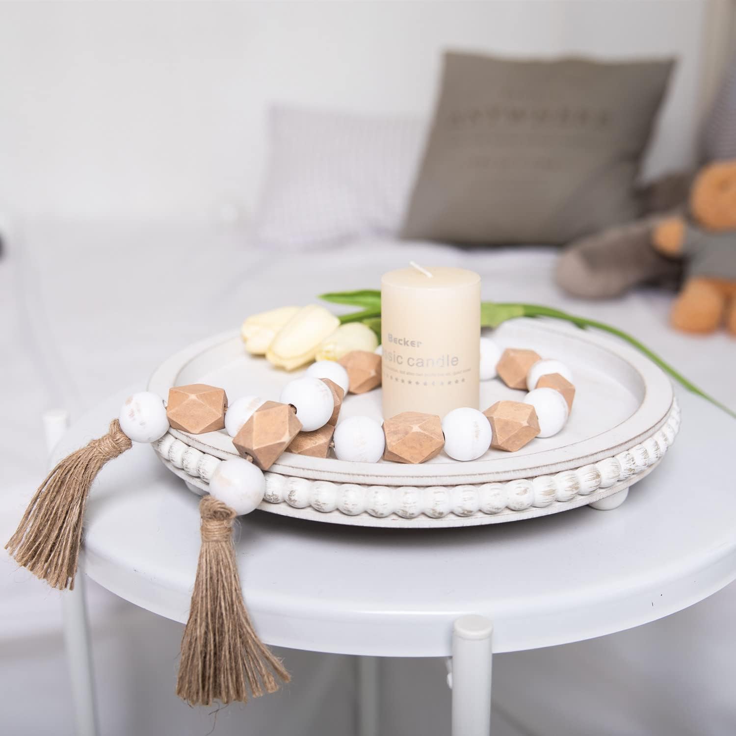 12in Round Wood Tray - White, Distressed, Farmhouse Rustic - Decorative Tray for Living Room, Coffee Table, Kitchen Table or Farmhouse Serving Tray