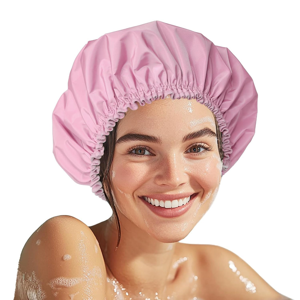 Shower Cap for Women, Double Layer Waterproof Bath Cap, Reusable Hair Protector, Large Waterproof Shower Bonnet Washable Elastic Band Bath Hair Hat for Long Hair, Braids， - Pink