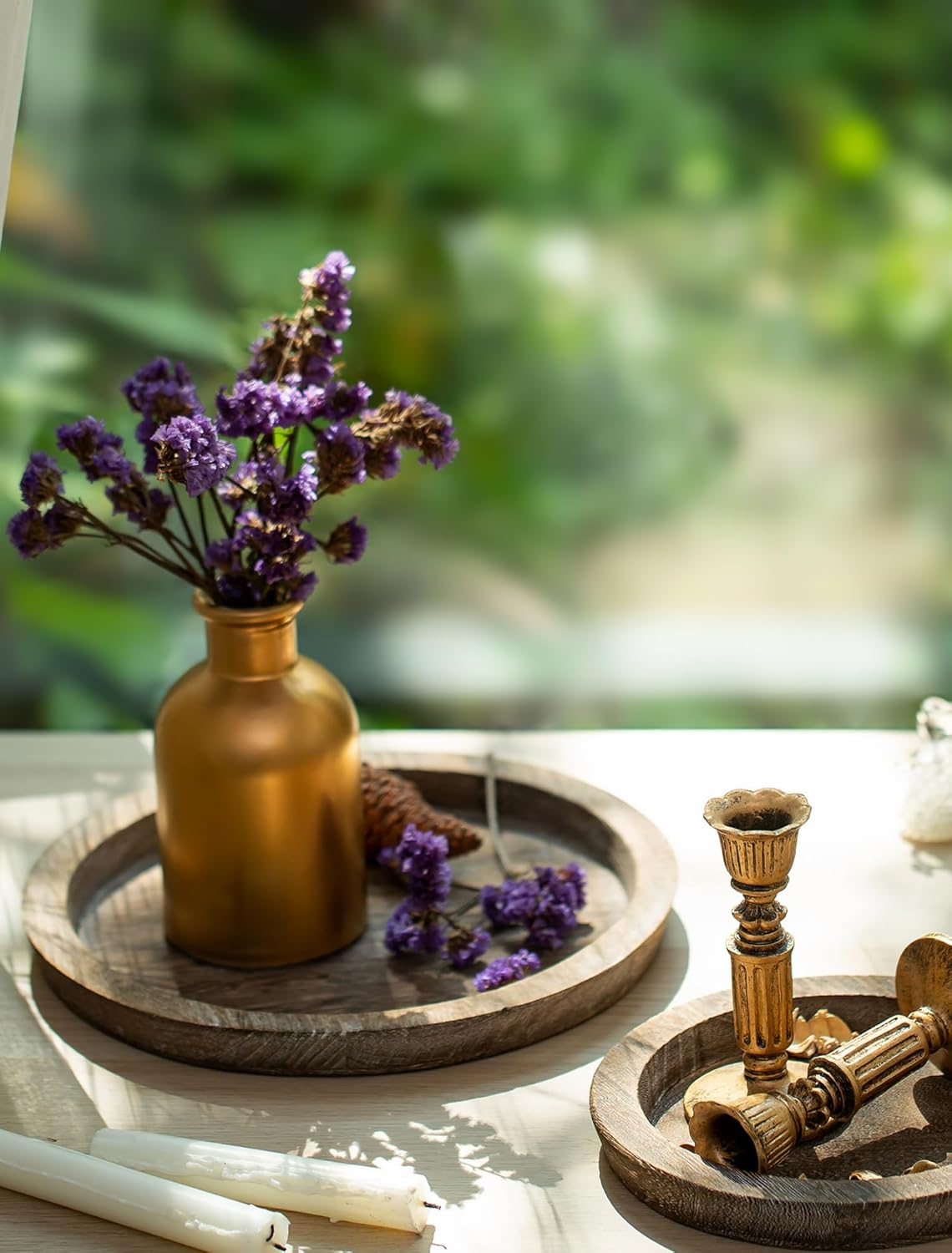 Candle Plate Holder Tray: Round Wood Decorative Candle Plate - Rustic Farmhouse CoffeeTable Decor - Tealight Pillar Trays for Home Decor (Distressed)
