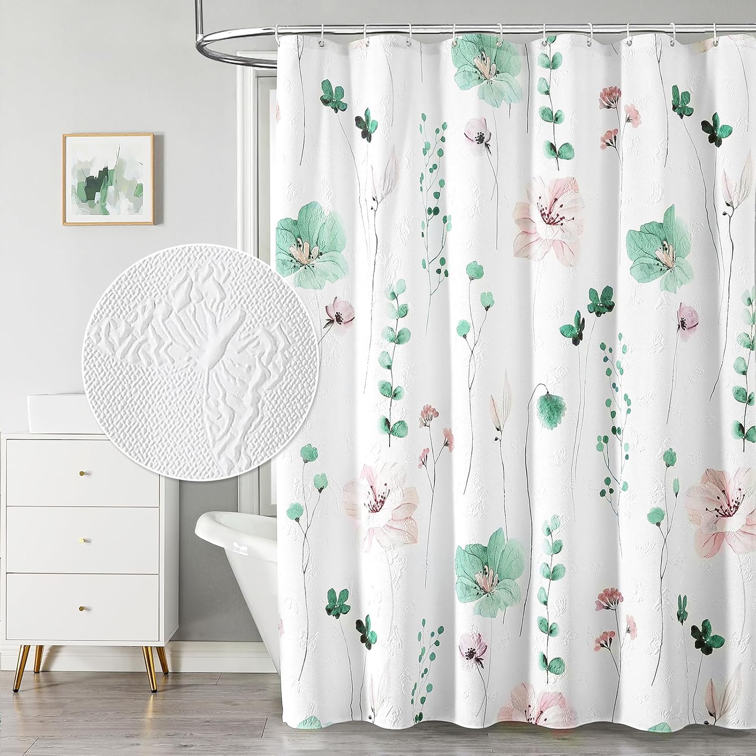 Watercolor Floral Shower Curtain, 3D Embossed Butterflies Grey Beige Flower Bathroom Curtains, Minimalist White Cloth Bath Curtain, Waterproof Fabric Textured Shower Curtain Set with Hooks, 72x72