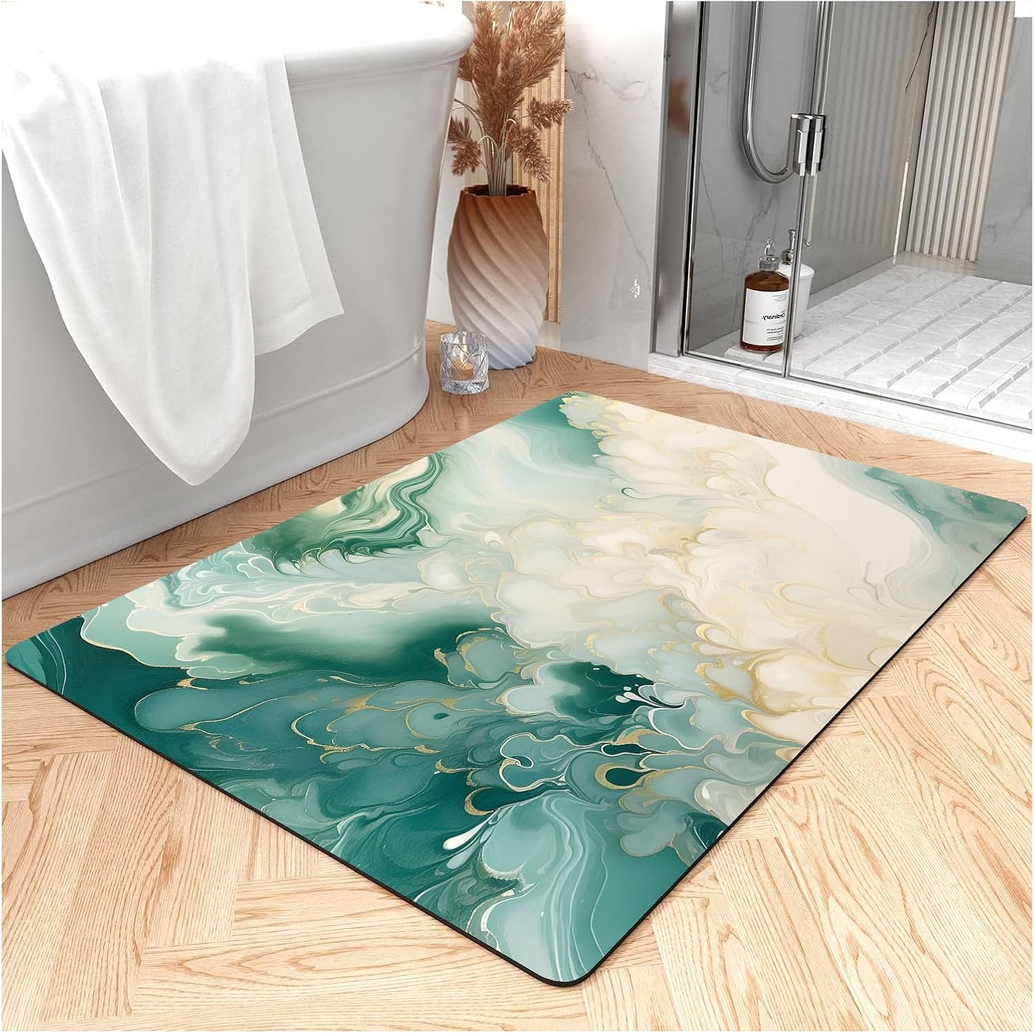 Fast Drying Thin Bath Mat Bathtub Mat | Diatomite Bathmat with Absorbent and Non-Slip Surface Easy to Clean | Colorful Marble Texture Bathroom Rug (3x5ft/36x60in/90x150cm, Pink/Medium Purple)