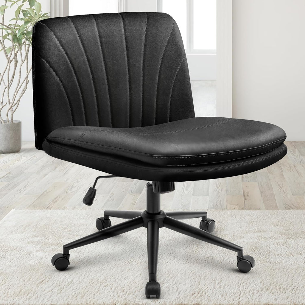Chair Wheels Wide Cross Legged Office Desk Vanity Chair Comfy Fabric Armless Adjustable Swivel for Home Computer Task (Beige Wheel, Fabric)