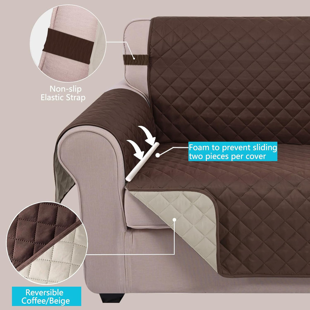 Reversible Sofa Cover Washable Couch Cover for Dogs Friendly with Elastic Straps Water Repellent Furniture Protector for 3 Cushion Couch (Sofa, Coffee/Beige)