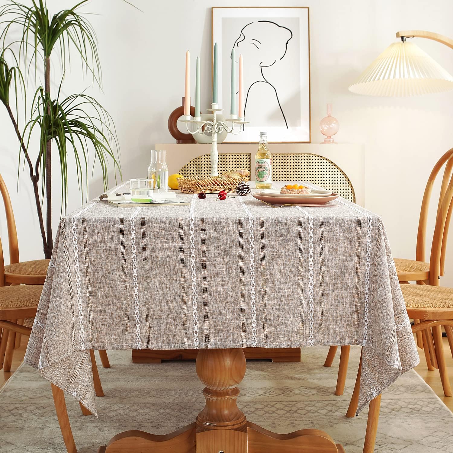 60 x 84 inches Farmhouse Style Linen tablecloths, Wrinkle Resistant Washable Dining Room Table Cloths for Rectangle Tables - Hemstitch Light Coffee