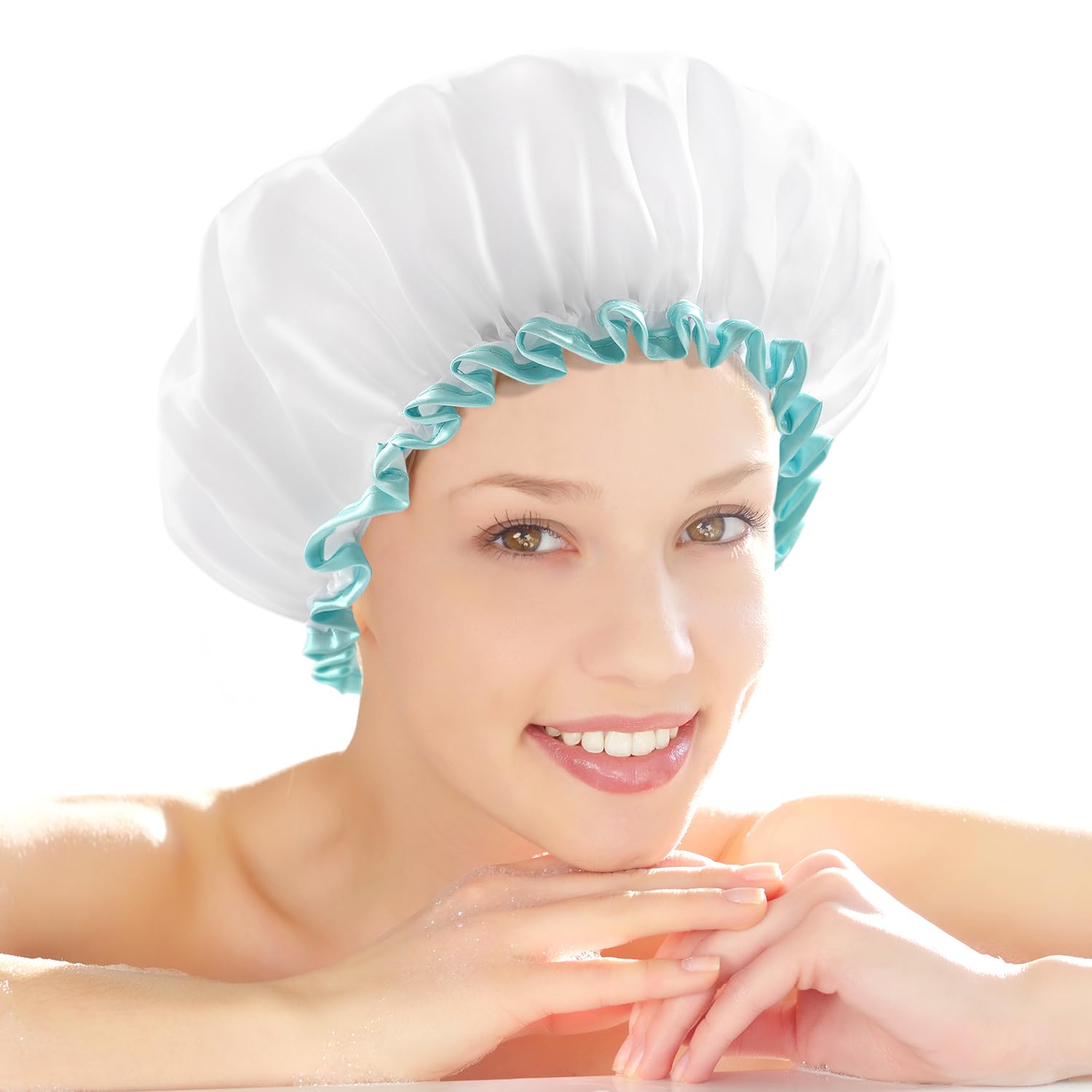White Shower Cap for Long Hair 1 Pack, 12 inch large size,Waterproof Washable Hair Caps for Women and Girls, Super Cute and Extra Large