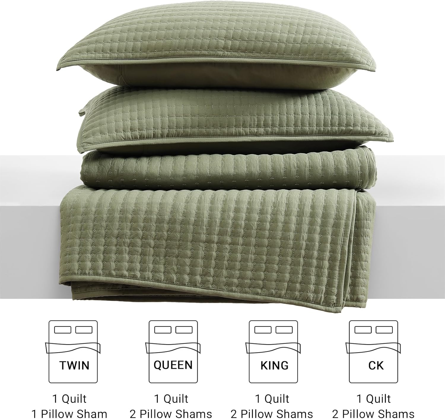 Queen Quilt-3 Pieces Lightweight Bedspreads Olive Green Queen Size Quilt Bedding Set for All Seasons, Soft Summer Coverlet with 2 Pillow Shams Suitable for Bed & Couch