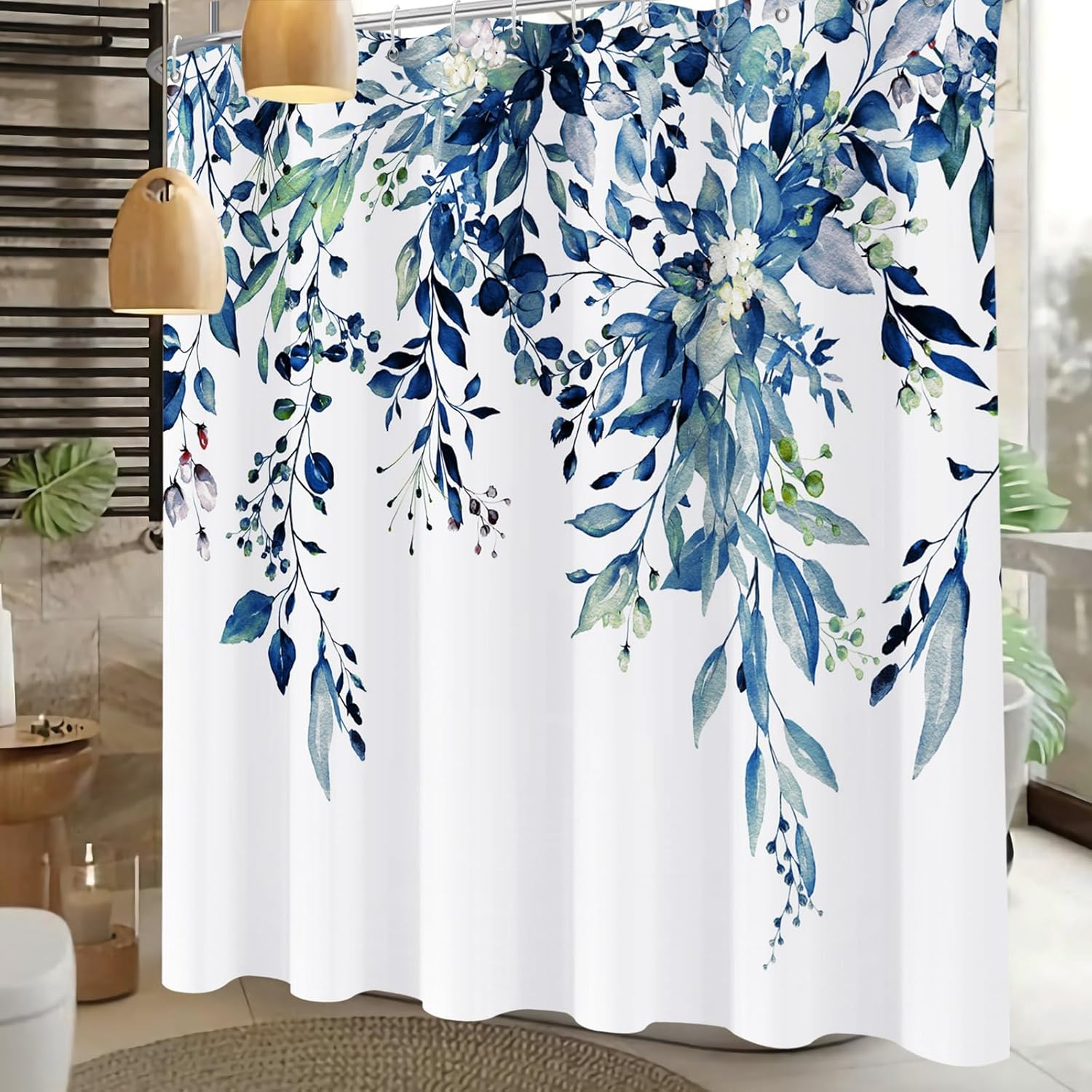 Shower Curtain Blue Eucalyptus Shower Curtains for Bathroom, Watercolor Leaf Shower Curtain Sets Waterproof Plant Shower Curtain Leaves Fabric Cloth Bathroom Curtains 72x72 inch with Hooks