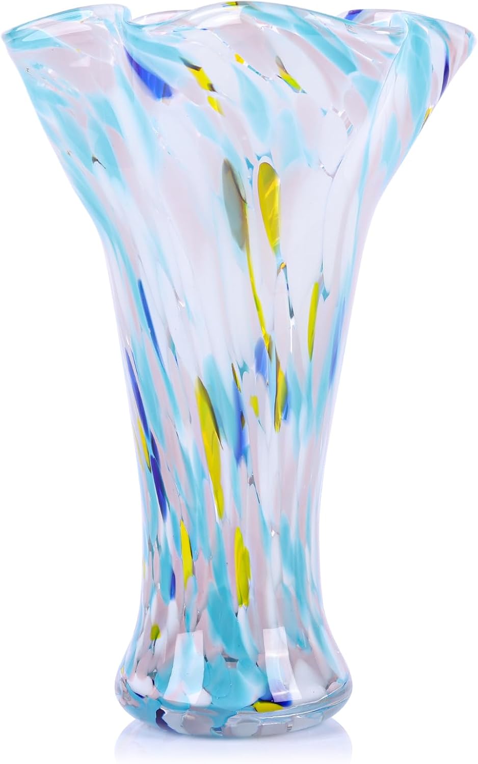 9.0" H Teal Glass Vases for Flowers, Unique Hand Blown Glass Vase Green Home Decor, Wide Mouth Colorful Flower Vase Centerpieces, for Living Room Table Bookshelf, Bathroom Office Shelf Decorative